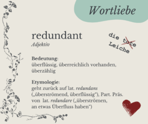 Im Bild wird die Bedeutung des Wortes redundant beschrieben. Redundant ist ein Synonym für überflüssig, überreichlich vorhanden, überzählig. Es stammt aus dem Lateinischen,