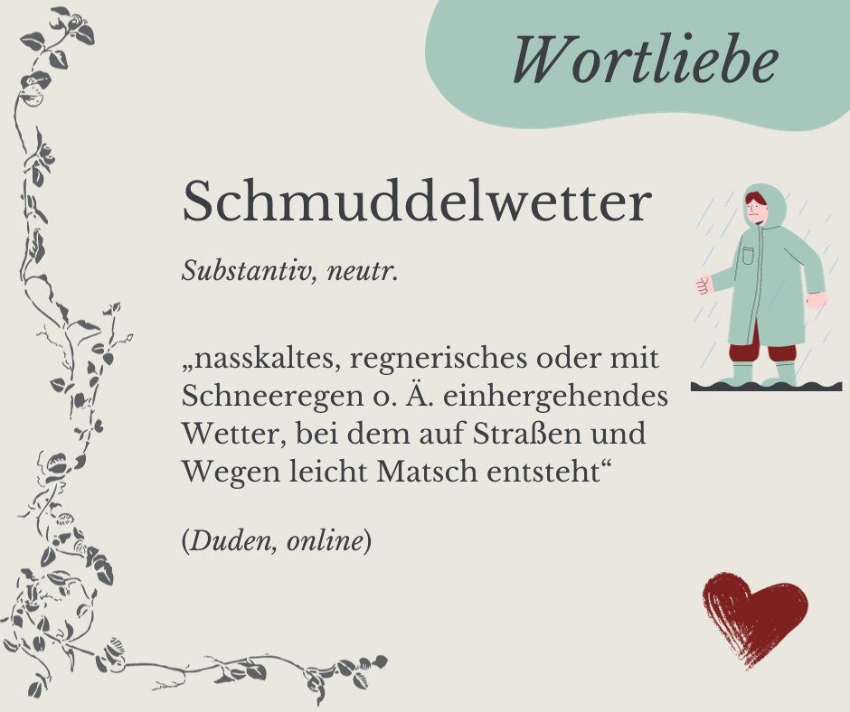 Das Bild enthält die Definition des Begriffes Schmuddelwetter. Gemäß Duden lautet diese: nasskaltes, regnerisches oder mit Schneeregen o. Ä. einhergehendes Wetter, bei dem auf Straßen und Wegen leicht Matsch entsteht. Außerdem ist auf der linken Seite eine Comicfigur im Regenmantel zu sehen.